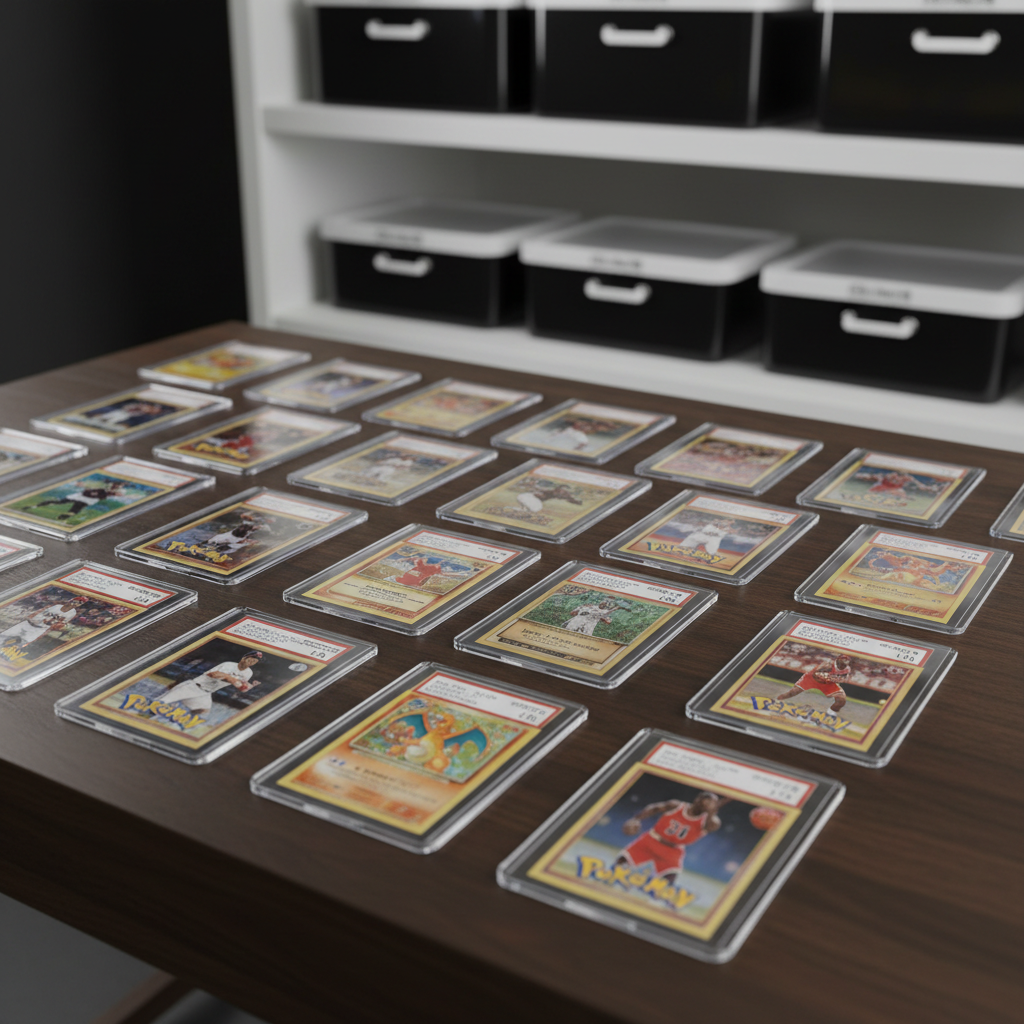 A neatly arranged spread of premium trading cards from Pokemon, baseball, and basketball, fanned out on a dark walnut display table. The cards show crisp corners, sharp centering, and glossy surfaces, with a few encapsulated in transparent plastic grading slabs to suggest high condition and value. Soft studio lighting from above and slightly to the side creates gentle reflections on the card sleeves and subtle shadows along the table grain. The background is softly blurred, with hints of stackable storage boxes and a clean, modern shelving unit. Shot from a slightly elevated angle with shallow depth of field, the mood is professional, organized, and high-end, emphasizing photographic realism and the quality of the collectibles.