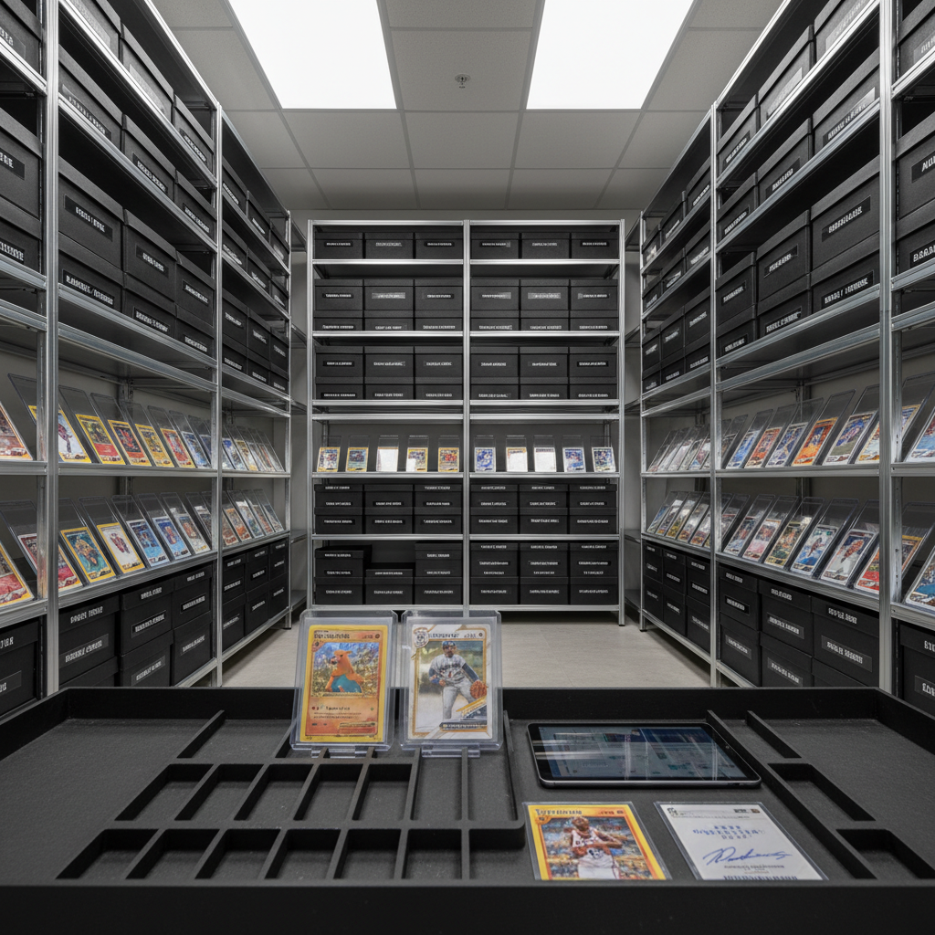 A modern trading card vault setup featuring organized rows of labeled storage boxes and transparent card cases, all containing Pokemon, baseball, and basketball cards arranged by color and sport. In the foreground, a few select cards are laid out on a matte black sorting tray with built-in slots, hinting at a buy/sell evaluation process. Neutral, soft studio lighting from overhead creates clean, even illumination and delicate shadows that emphasize order and security. Shot at eye level with a wide-angle lens, the scene has a sharp focus throughout, conveying a sense of efficient cataloging and professional inventory management in a photographic, clean, and contemporary style.
