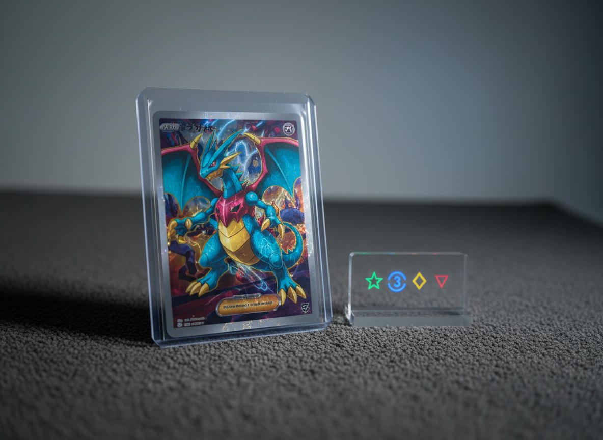 A close-up, photographic image of a single high-end trading card in a clear protective sleeve, positioned on a charcoal gray microfiber mat. The card features a vibrant illustration reminiscent of a Pokemon-style character, with bold colors and metallic foil accents that catch the light. Beside it, a small acrylic stand holds a discreet, digital-style pricing display and condition rating icons without any legible text. Cool, diffused studio lighting highlights the card’s surface without glare, creating soft reflections and subtle shadows. Captured from a low, three-quarter angle with a shallow depth of field, the composition feels meticulous and professional, ideal for showcasing condition, detail, and perceived market value in a premium buying and selling environment.