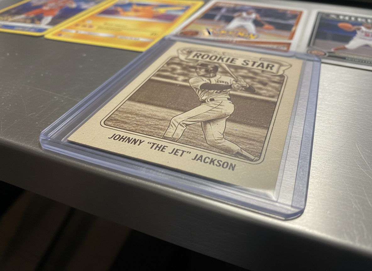 An ultra-detailed macro photograph of a single vintage-style baseball trading card partially inserted into a rigid top loader, emphasizing the texture of the printed cardboard, the clean cut of the edges, and the protective clarity of the plastic. The card rests on a brushed metal surface with a few soft-focus Pokemon and basketball cards scattered in the background, suggesting a diverse inventory. Directional side lighting creates fine shadows along the card’s border and subtle specular highlights on the top loader, accentuating condition and protection. Shot with extremely shallow depth of field, the mood is meticulous and technical, ideal for highlighting grading quality, surface preservation, and the premium handling of collectible cards.