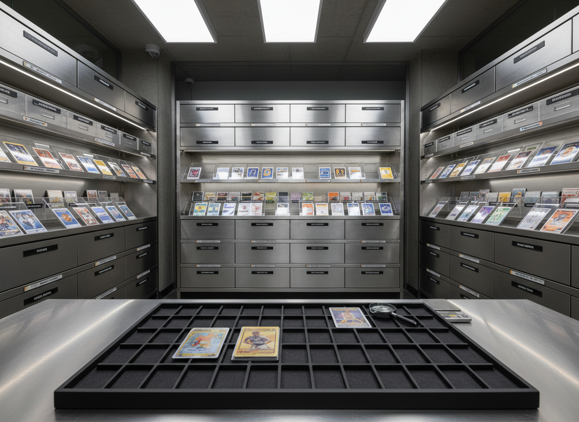 A modern trading card vault setup featuring organized rows of labeled storage boxes and transparent card cases, all containing Pokemon, baseball, and basketball cards arranged by color and sport. In the foreground, a few select cards are laid out on a matte black sorting tray with built-in slots, hinting at a buy/sell evaluation process. Neutral, soft studio lighting from overhead creates clean, even illumination and delicate shadows that emphasize order and security. Shot at eye level with a wide-angle lens, the scene has a sharp focus throughout, conveying a sense of efficient cataloging and professional inventory management in a photographic, clean, and contemporary style.