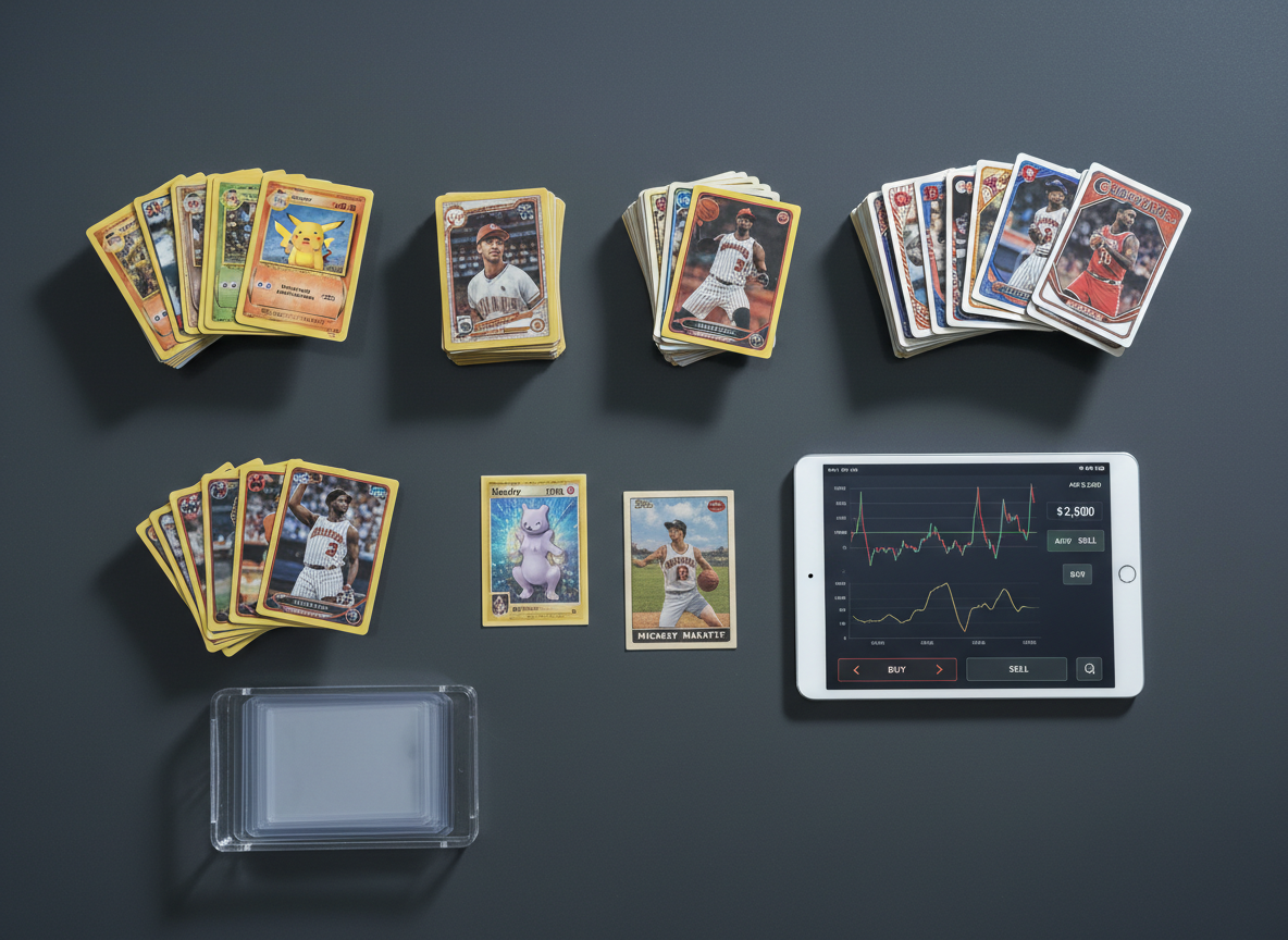 A dynamic, top-down photographic composition of an active trading card deal in progress, represented only by objects. Multiple stacks of Pokemon, baseball, and basketball cards are neatly sorted on a smooth, dark desktop, with a few cards placed in the center as if being selected for purchase. Nearby, a sleek digital tablet displays graphical charts and valuation icons, and a small tray holds empty card sleeves and top loaders. Cool, even studio lighting minimizes glare and reveals card details clearly, with gentle shadows adding depth. The mood is analytical and businesslike, emphasizing the process of evaluating condition, pricing, and market demand in a modern, professional collectibles environment.