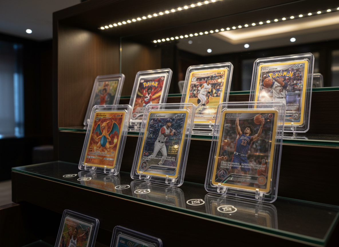 A premium showcase display featuring a tiered glass shelf filled with standout trading cards from Pokemon, baseball, and basketball, each in its own clear magnetic case. The front row highlights three key cards angled slightly toward the viewer, with subtle condition indicators and price-tag icons etched into the glass, avoiding any readable text. Warm, focused accent lights from above create bright highlights on the cases and soft reflections on the glass shelves, while the background remains tastefully blurred. Captured from a slightly elevated, three-quarter angle, the composition uses the rule of thirds to draw attention to the centerpiece cards, projecting a luxurious, collector-grade atmosphere in crisp photographic realism.