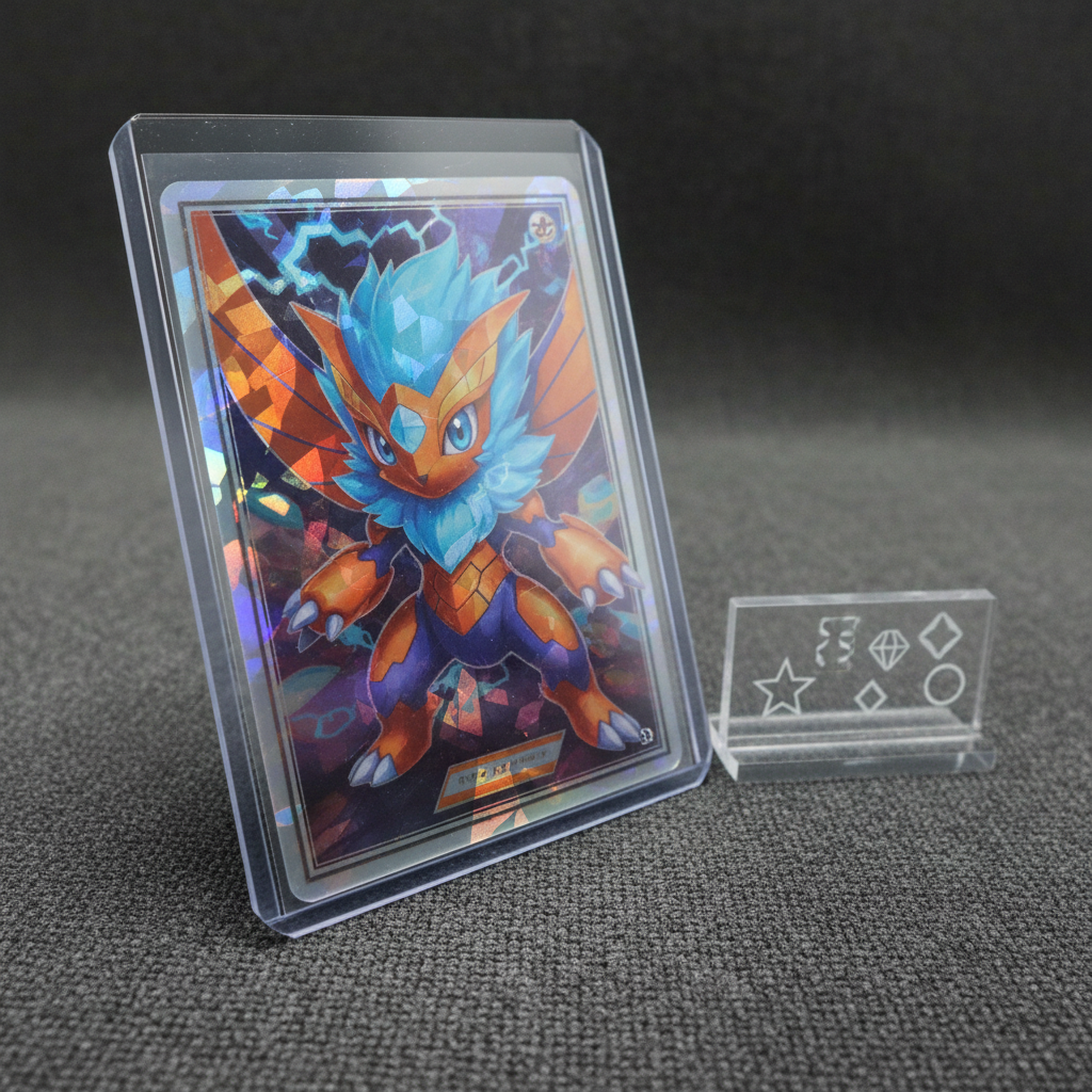 A close-up, photographic image of a single high-end trading card in a clear protective sleeve, positioned on a charcoal gray microfiber mat. The card features a vibrant illustration reminiscent of a Pokemon-style character, with bold colors and metallic foil accents that catch the light. Beside it, a small acrylic stand holds a discreet, digital-style pricing display and condition rating icons without any legible text. Cool, diffused studio lighting highlights the card’s surface without glare, creating soft reflections and subtle shadows. Captured from a low, three-quarter angle with a shallow depth of field, the composition feels meticulous and professional, ideal for showcasing condition, detail, and perceived market value in a premium buying and selling environment.